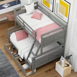 Gray Twin over Full Bunk Bed with Storage Drawers, Guardrails, and Convertible Design Gray Twin over Full Bunk Bed with Storage Drawers, Guardrails, and Convertible Design