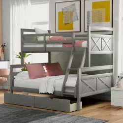 Gray Twin over Full Bunk Bed with Storage Drawers, Guardrails, and Convertible Design Gray Twin over Full Bunk Bed with Storage Drawers, Guardrails, and Convertible Design