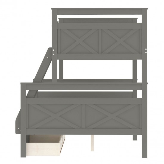 Gray Twin over Full Bunk Bed with Storage Drawers, Guardrails, and Convertible Design