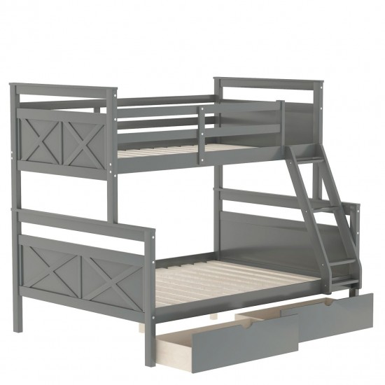 Gray Twin over Full Bunk Bed with Storage Drawers, Guardrails, and Convertible Design