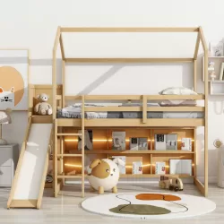Twin Size Wood House Loft Bed with Slide, Storage Shelves, Light, and Climbing Ramp Twin Size Wood House Loft Bed with Slide, Storage Shelves, Light, and Climbing Ramp