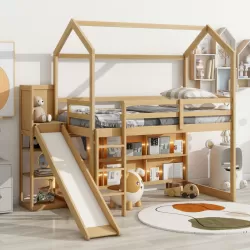 Twin Size Wood House Loft Bed with Slide, Storage Shelves, Light, and Climbing Ramp Twin Size Wood House Loft Bed with Slide, Storage Shelves, Light, and Climbing Ramp