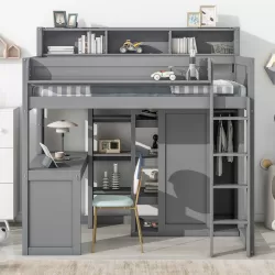 Versatile Wood Twin Size Loft Bed with Storage Shelves, Wardrobe, and Integrated Desk - Gray