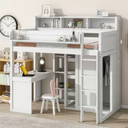 Versatile Wood Twin Size Loft Bed with Storage Shelves, Wardrobe, and Integrated Desk - White
