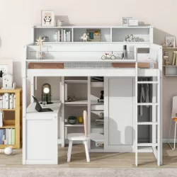 Versatile Wood Twin Size Loft Bed with Storage Shelves, Wardrobe, and Integrated Desk - White