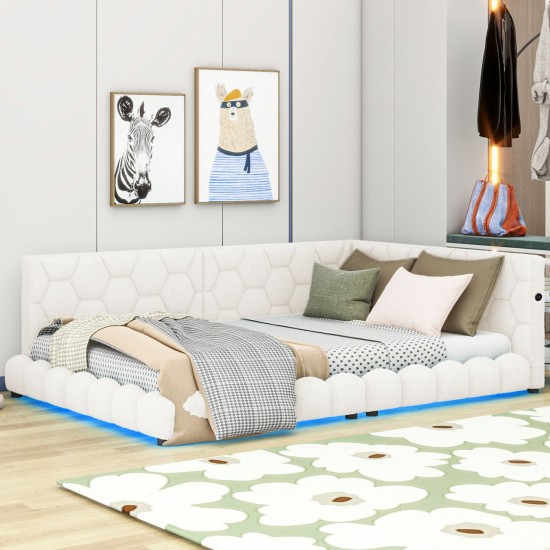 Modern Upholstered Full Size Platform Bed with LED Lighting and USB Ports - White