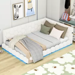 Modern Upholstered Full Size Platform Bed with LED Lighting and USB Ports - White Modern Upholstered Full Size Platform Bed with LED Lighting and USB Ports - White