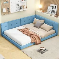 Modern Upholstered Full Size Platform Bed with USB Ports - Blue Linen Modern Upholstered Full Size Platform Bed with USB Ports - Blue Linen