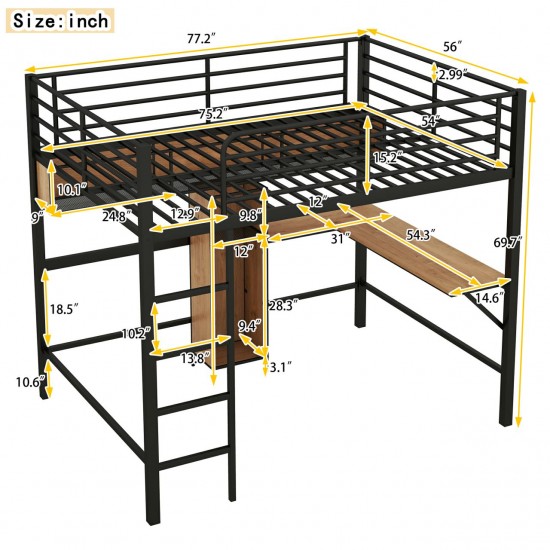 Full Size Metal & Wood Loft Bed with L-Shaped Desk - Black and Brown Elegance