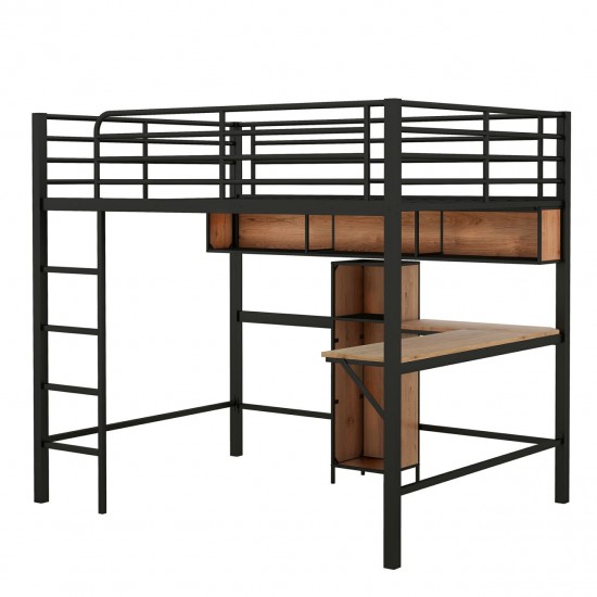 Full Size Metal & Wood Loft Bed with L-Shaped Desk - Black and Brown Elegance