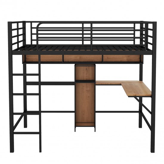 Full Size Metal & Wood Loft Bed with L-Shaped Desk - Black and Brown Elegance