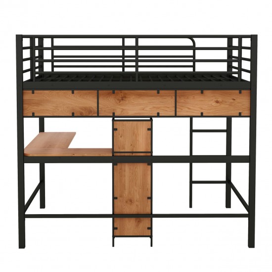 Full Size Metal & Wood Loft Bed with L-Shaped Desk - Black and Brown Elegance