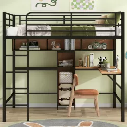 Full Size Metal & Wood Loft Bed with L-Shaped Desk - Black and Brown Elegance Full Size Metal & Wood Loft Bed with L-Shaped Desk - Black and Brown Elegance