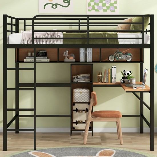 Full Size Metal & Wood Loft Bed with L-Shaped Desk - Black and Brown Elegance