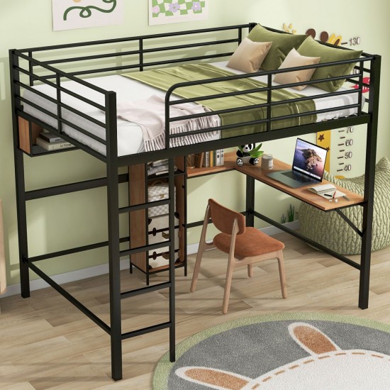 Full Size Metal & Wood Loft Bed with L-Shaped Desk - Black and Brown Elegance