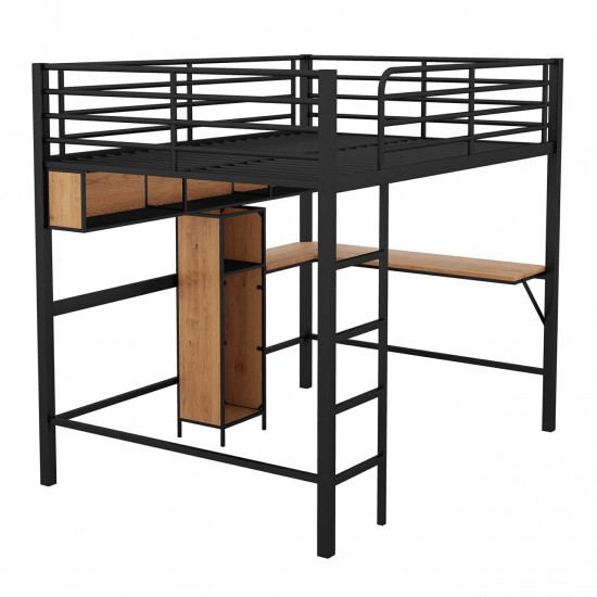 Full Size Metal & Wood Loft Bed with L-Shaped Desk - Black and Brown Elegance