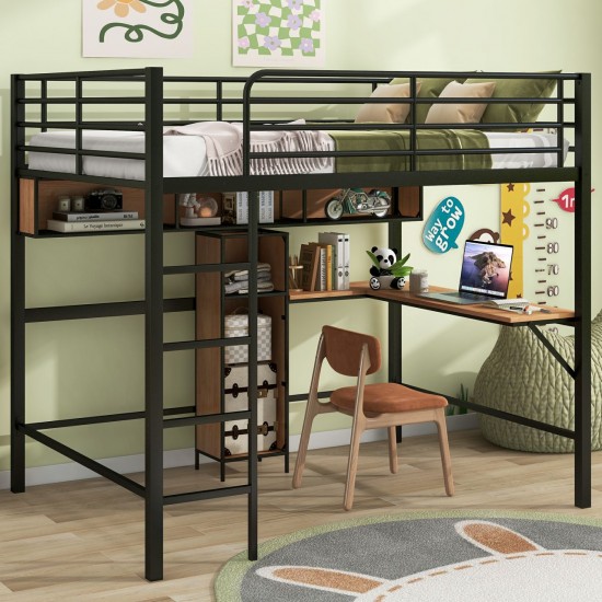 Full Size Metal & Wood Loft Bed with L-Shaped Desk - Black and Brown Elegance