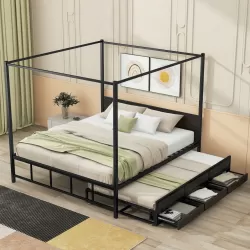 Timeless Elegance: Queen Size Black Metal Canopy Bed with Trundle and Storage
