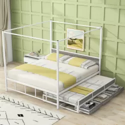 Elegant White Queen Canopy Bed with Trundle and Storage Drawers Elegant White Queen Canopy Bed with Trundle and Storage Drawers
