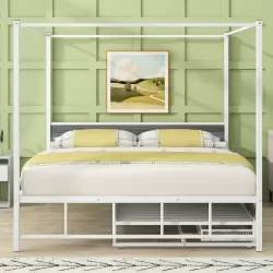 Elegant White Queen Canopy Bed with Trundle and Storage Drawers Elegant White Queen Canopy Bed with Trundle and Storage Drawers