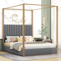 Queen Size Canopy Platform Bed with Upholstered Headboard - Elegance in Gray Queen Size Canopy Platform Bed with Upholstered Headboard - Elegance in Gray