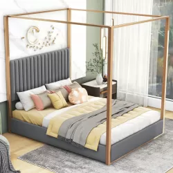 Queen Size Canopy Platform Bed with Upholstered Headboard - Elegance in Gray Queen Size Canopy Platform Bed with Upholstered Headboard - Elegance in Gray