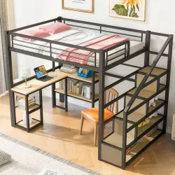 Full Size Metal Loft Bed with Staircase, Desk, and Shelves - Black Full Size Metal Loft Bed with Staircase, Desk, and Shelves - Black