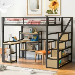 Full Size Metal Loft Bed with Staircase, Desk, and Shelves - Black Full Size Metal Loft Bed with Staircase, Desk, and Shelves - Black
