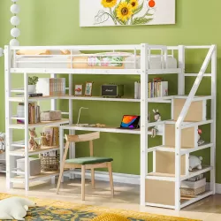 Twin Size Metal Loft Bed with Staircase, Built-in Desk, and 4-Tier Storage Shelves - White Twin Size Metal Loft Bed with Staircase, Built-in Desk, and 4-Tier Storage Shelves - White