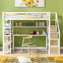 Twin Size Metal Loft Bed with Staircase, Built-in Desk, and 4-Tier Storage Shelves - White Twin Size Metal Loft Bed with Staircase, Built-in Desk, and 4-Tier Storage Shelves - White