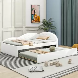 Elegant Twin Size Upholstered Daybed with Trundle and Cloud Shaped Guardrail Elegant Twin Size Upholstered Daybed with Trundle and Cloud Shaped Guardrail