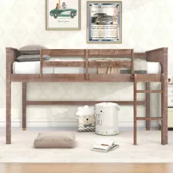 Wood Twin Size Loft Bed with Hanging Clothes Racks - White Rustic Natural Finish