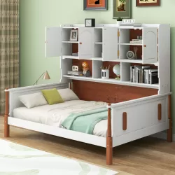 White and Walnut Twin Size Platform Bed with Ample Storage
