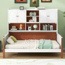 White and Walnut Twin Size Platform Bed with Ample Storage