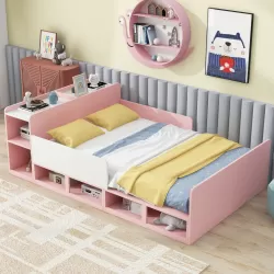 Pink Full Size Platform Bed with Storage Headboard and Underneath Cabinets Pink Full Size Platform Bed with Storage Headboard and Underneath Cabinets