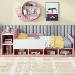 Pink Full Size Platform Bed with Storage Headboard and Underneath Cabinets Pink Full Size Platform Bed with Storage Headboard and Underneath Cabinets