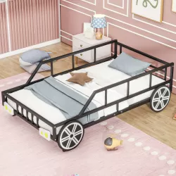 Whimsical Black Metal Twin Size Car-shaped Platform Bed with Headlights and Wheels