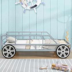 Whimsical Silver Car-Shaped Twin Size Platform Bed with Playful Details