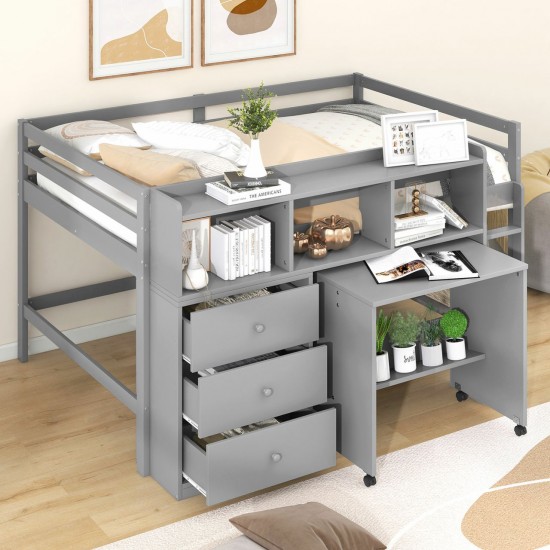 Full Size Low Loft Bed with Rolling Desk, Drawers, and Shelves - Gray - Sapphire Blue