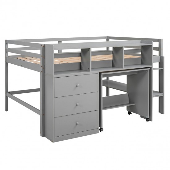 Full Size Low Loft Bed with Rolling Desk, Drawers, and Shelves - Gray - Sapphire Blue