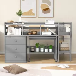 Full Size Low Loft Bed with Rolling Desk, Drawers, and Shelves - Gray - Sapphire Blue Full Size Low Loft Bed with Rolling Desk, Drawers, and Shelves - Gray - Sapphire Blue