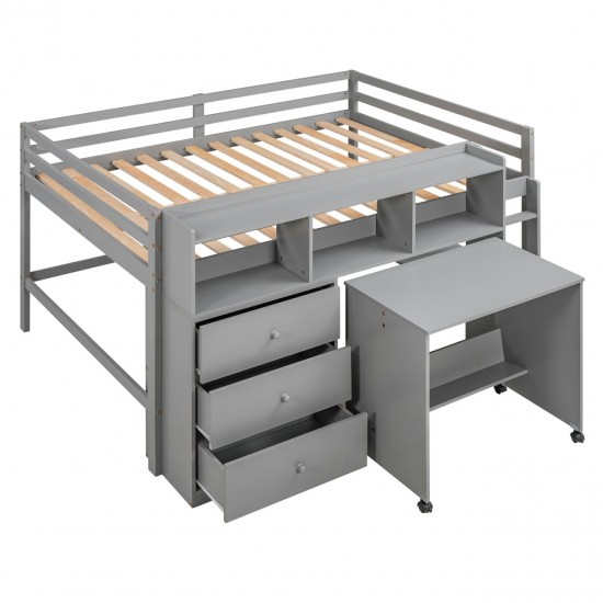 Full Size Low Loft Bed with Rolling Desk, Drawers, and Shelves - Gray - Sapphire Blue