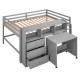 Full Size Low Loft Bed with Rolling Desk, Drawers, and Shelves - Gray - Sapphire Blue