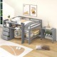 Full Size Low Loft Bed with Rolling Desk, Drawers, and Shelves - Gray - Sapphire Blue