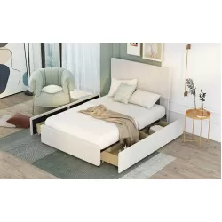 Full Size Upholstered Platform Bed with Adjustable Headboard and Four Storage Drawers - Beige Full Size Upholstered Platform Bed with Adjustable Headboard and Four Storage Drawers - Beige