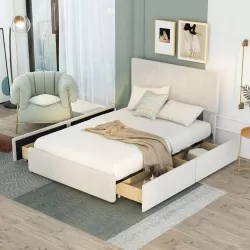Full Size Upholstered Platform Bed with Adjustable Headboard and Four Storage Drawers - Beige Full Size Upholstered Platform Bed with Adjustable Headboard and Four Storage Drawers - Beige