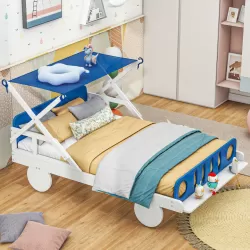 Wood Twin Size Car Bed with Headboard, Footboard, and Playful Car Design - White & Blue Wood Twin Size Car Bed with Headboard, Footboard, and Playful Car Design - White & Blue