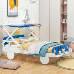 Wood Twin Size Car Bed with Headboard, Footboard, and Playful Car Design - White & Blue Wood Twin Size Car Bed with Headboard, Footboard, and Playful Car Design - White & Blue