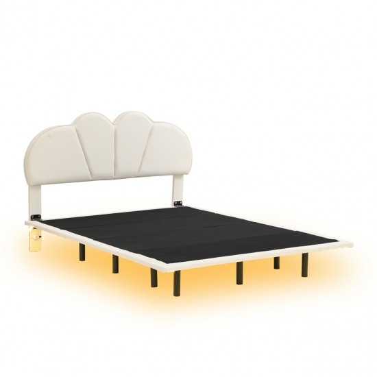 Opulent Beige Full Size Upholstered Platform Bed with LED Lighting