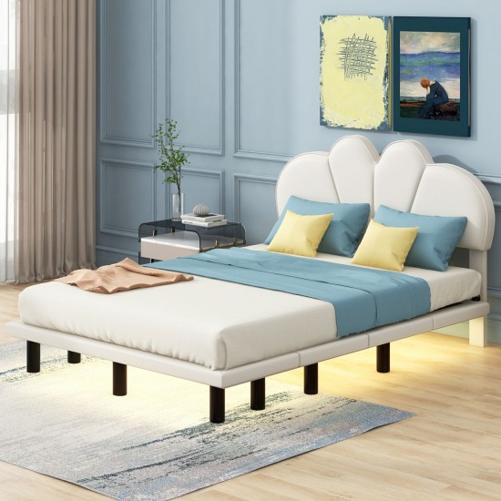 Opulent Beige Full Size Upholstered Platform Bed with LED Lighting